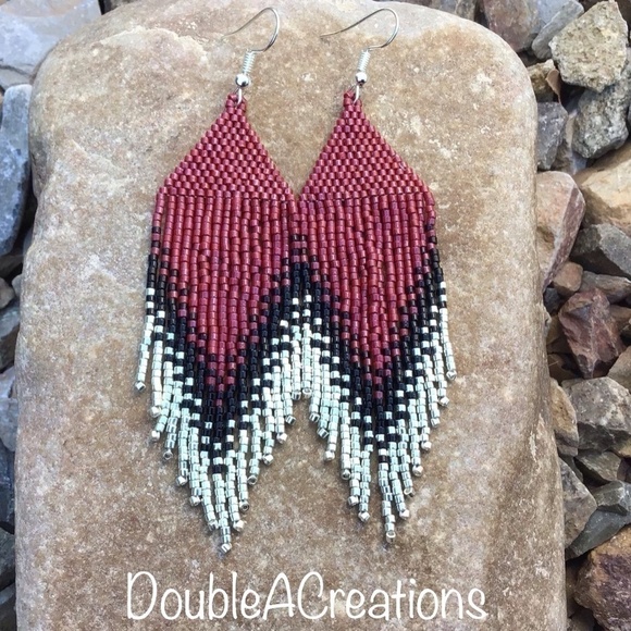 Deep Red and Silver Beaded Earrings with Fringe, New, Handmade by Me - Picture 7 of 9